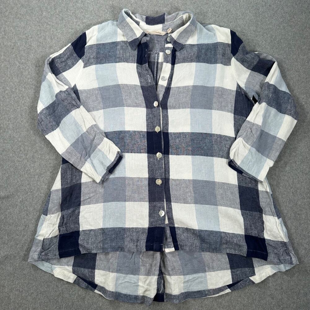 Soft Surroundings Carreaux Button Down Shirt Womens XL Blue Linen Blend Zip Back